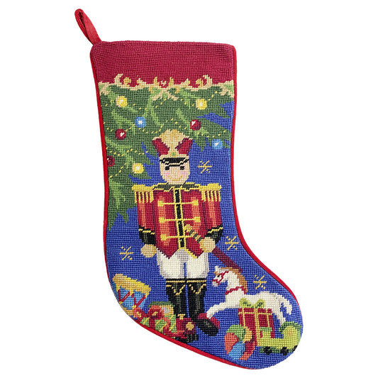 Needlepoint Hand-Embroidered Wool Stocking Exquisite Home Designs Nutcracker in red top navy blue background red top