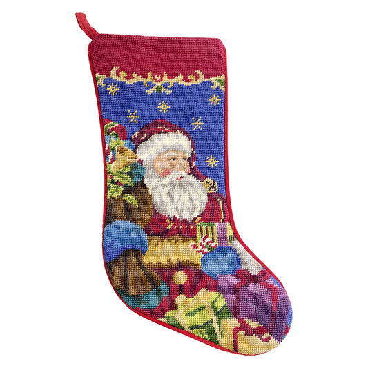 Needlepoint Hand-Embroidered Wool Stocking Exquisite Home Designs Santa holding gifts navy blue background red top