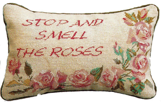 Needlepoint Hand-Embroidered Wool Throw Pillow Exquisite Home Designs stop & Smell the Roses