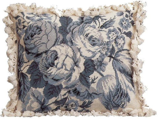 Needlepoint Hand-Embroidered Wool Throw Pillow Exquisite Home Designs Grossipoint blue/white roses