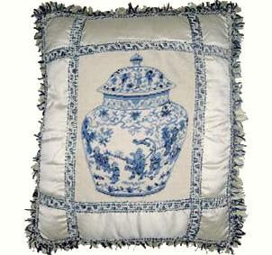 Needlepoint Hand-Embroidered Wool Throw Pillow Exquisite Home Designs  blue/white Ming covered Jar with 2 color bush tassel