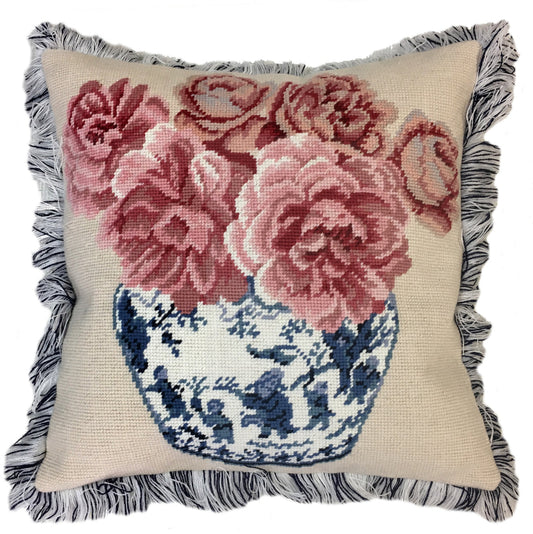 Needlepoint Hand-Embroidered Wool Throw Pillow Exquisite Home Designs Ming Jar/Roses with 2 color tassel