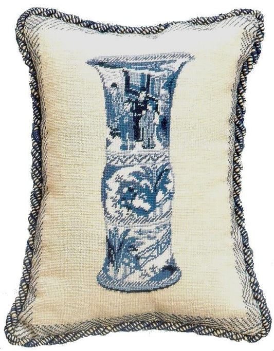 Needlepoint Hand-Embroidered Wool Throw Pillow Exquisite Home Designs  blue/whiteCourt Scenes jar with 2 color cording