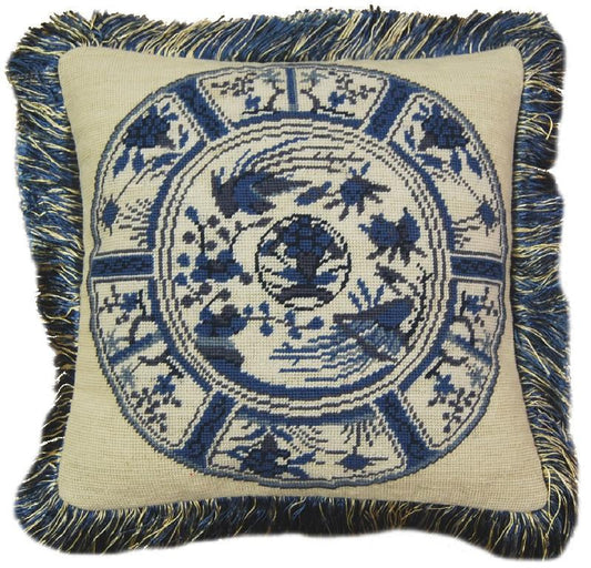 Needlepoint Hand-Embroidered Wool Throw Pillow Exquisite Home Designs  blue/white 6 Imari with 2 color bush tassel
