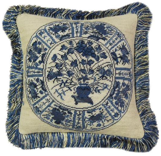 Needlepoint Hand-Embroidered Wool Throw Pillow Exquisite Home Designs  blue/white 8 Imari with 2 color bush tassel