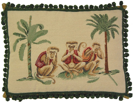 Needlepoint Hand-Embroidered Wool Throw Pillow Exquisite Home Designs See, Hear, Speak with solid dark green tassel