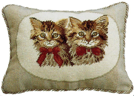 Needlepoint Hand-Embroidered Wool Throw Pillow Exquisite Home Designs  2 brown cats with 2 color cording