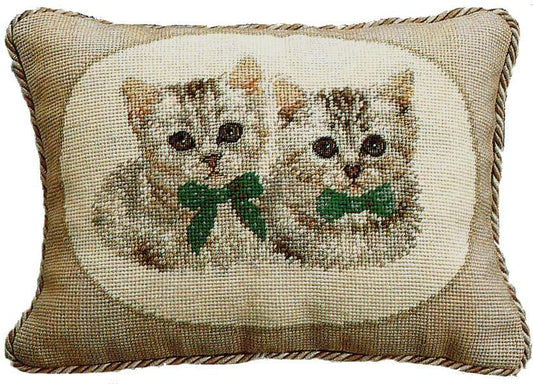 Needlepoint Hand-Embroidered Wool Throw Pillow Exquisite Home Designs  2 white cats with 2 color cording
