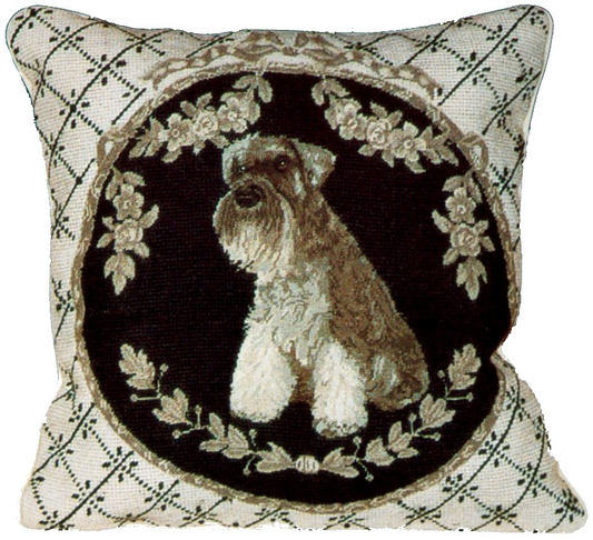Needlepoint Hand-Embroidered Wool Throw Pillow Exquisite Home Designs  Schnauzer in silver gray flower frame