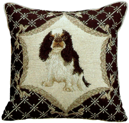 Needlepoint Hand-Embroidered Wool Throw Pillow Exquisite Home Designs  King Charles in black trimming frame