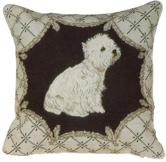 Needlepoint Hand-Embroidered Wool Throw Pillow Exquisite Home Designs  West Highland Terrier in liver gray trimming frame