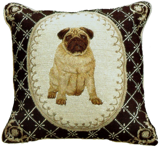 Needlepoint Hand-Embroidered Wool Throw Pillow Exquisite Home Designs Pettiepoint Pug in black frame