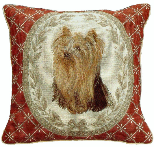 Needlepoint Hand-Embroidered Wool Throw Pillow Exquisite Home Designs  Yorkshire Terrier in red weather frame