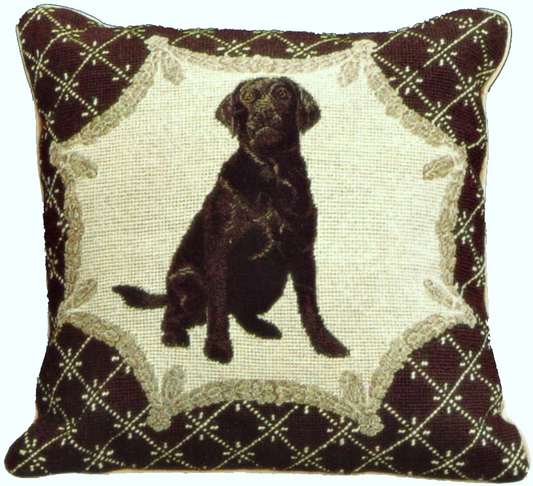Needlepoint Hand-Embroidered Wool Throw Pillow Exquisite Home Designs  black Labrador in black trimming frame