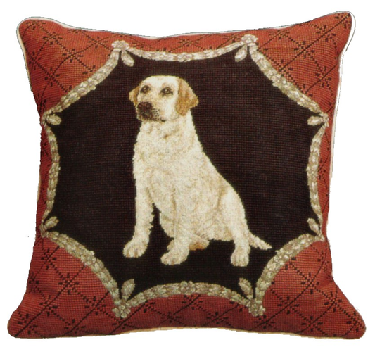 Needlepoint Hand-Embroidered Wool Throw Pillow Exquisite Home Designs  yellow Labradorin red trimming frame