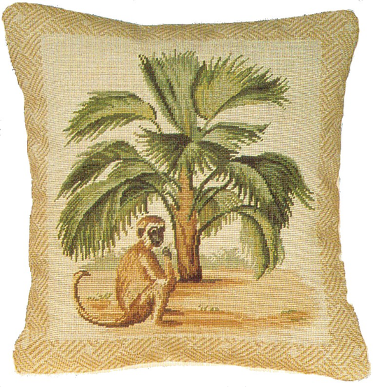 Needlepoint Hand-Embroidered Wool Throw Pillow Exquisite Home Designs 5  long tail monkey & palm tree waved frame 1