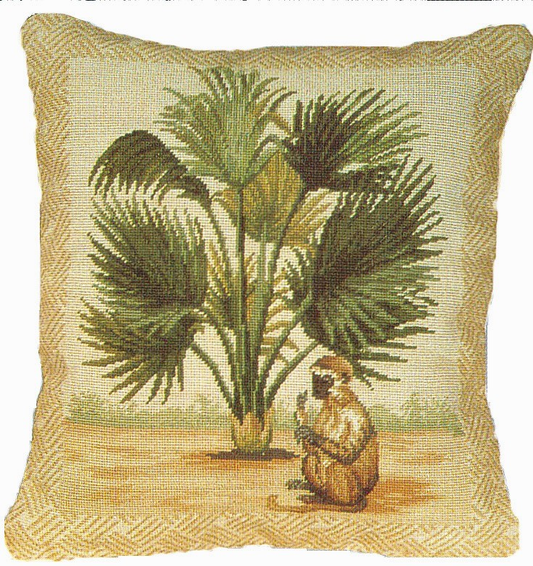 Needlepoint Hand-Embroidered Wool Throw Pillow Exquisite Home Designs 5  long tail monkey & palm tree waved frame