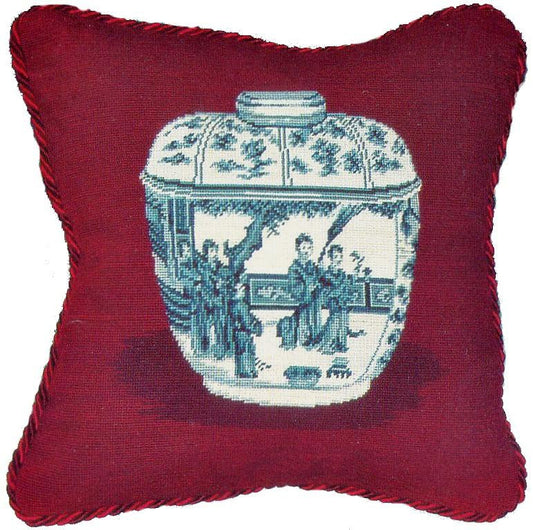 Needlepoint Hand-Embroidered Wool Throw Pillow Exquisite Home Designs  blue/white Ming Dynasty jar in Burgundy background with 2 color cording