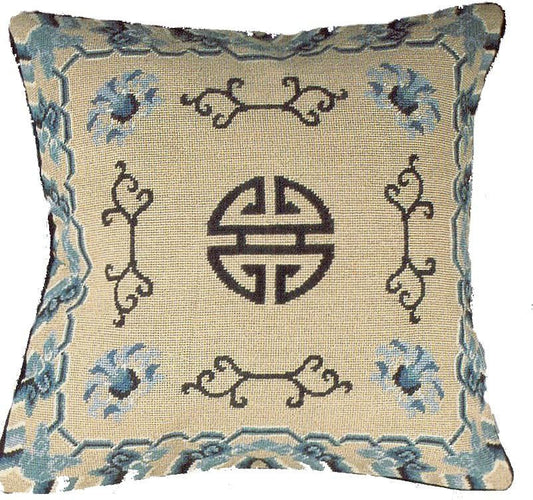 Needlepoint Hand-Embroidered Wool Throw Pillow Exquisite Home Designs  blue/whiteShou which means health & long life, it is a earlier character