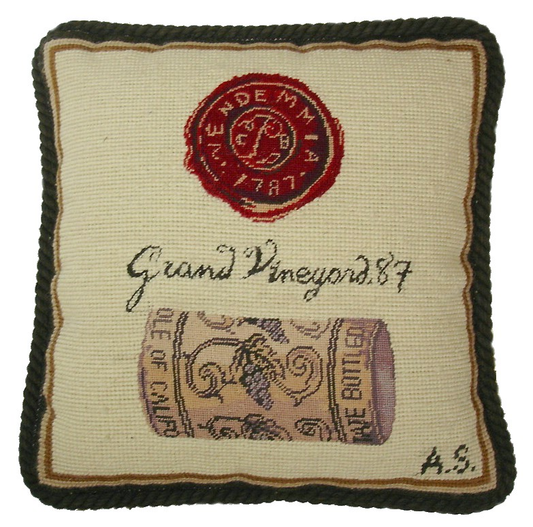 Needlepoint Hand-Embroidered Wool Throw Pillow Exquisite Home Designs cork & seal back Angela Staehling designGrand Vineyard with cording