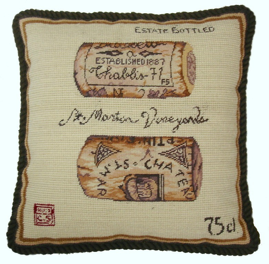 Needlepoint Hand-Embroidered Wool Throw Pillow Exquisite Home Designs corks back Angela Staehling designSt Martin Vineyards with cording