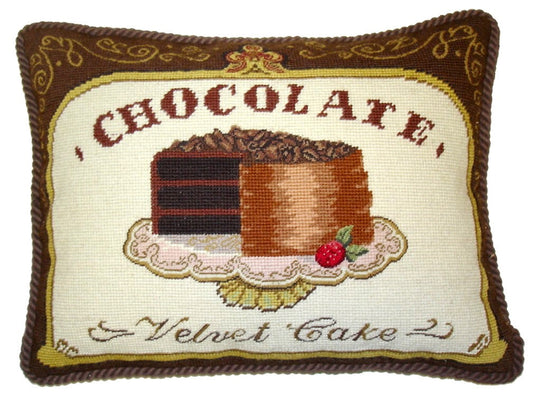 Needlepoint Hand-Embroidered Wool Throw Pillow Exquisite Home Designs  chocolatecake with brown cording