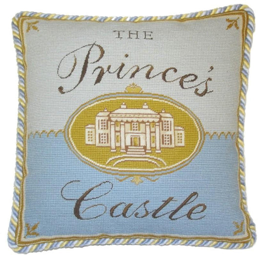 Needlepoint Hand-Embroidered Wool Throw Pillow Exquisite Home Designs priceses castla with 2 color cording