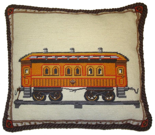 Needlepoint Hand-Embroidered Wool Throw Pillow Exquisite Home Designs  train with brown cording