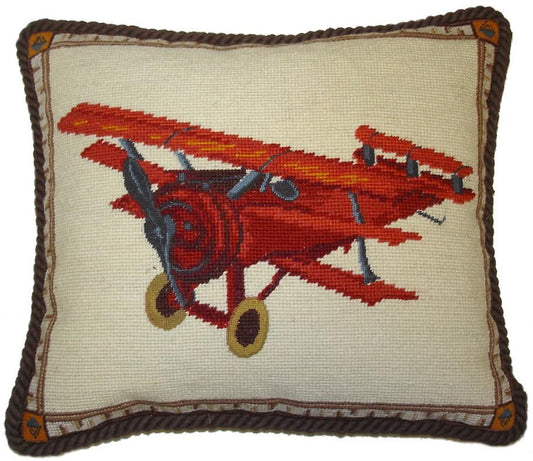 Needlepoint Hand-Embroidered Wool Throw Pillow Exquisite Home Designs  plane with brown cording