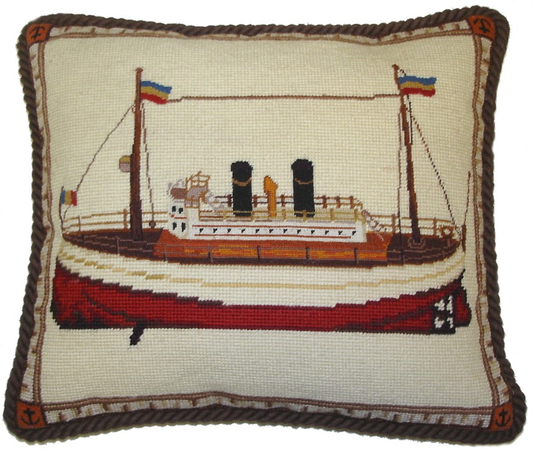 Needlepoint Hand-Embroidered Wool Throw Pillow Exquisite Home Designs  boat with brown cording