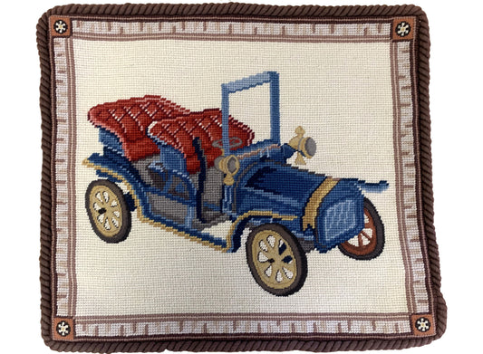 Needlepoint Hand-Embroidered Wool Throw Pillow Exquisite Home Designs blue/red wagon with brown cording