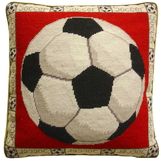 Needlepoint Hand-Embroidered Wool Throw Pillow Exquisite Home Designs soccerball