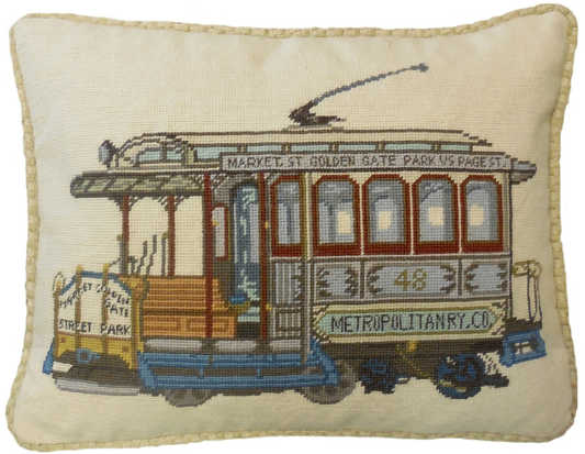 Needlepoint Hand-Embroidered Wool Throw Pillow Exquisite Home Designs  of SF cable car Market-GGP-Page St checker cording