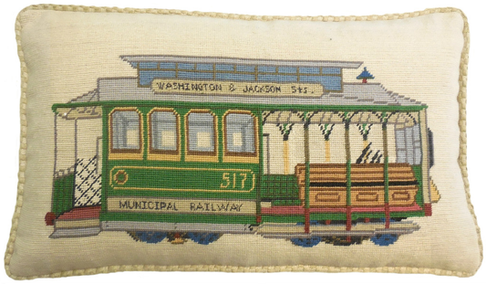 Needlepoint Hand-Embroidered Wool Throw Pillow Exquisite Home Designs  SF cable car Washington-Jackson St checker cording