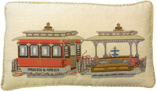 Needlepoint Hand-Embroidered Wool Throw Pillow Exquisite Home Designs  SF cable car Presidio- Ferries checker cording