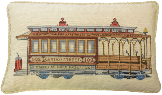 Needlepoint Hand-Embroidered Wool Throw Pillow Exquisite Home Designs SF cable car Fairmount-Market-Castro St-City Hall-Mechanics Pavilion & Ferries checker cording