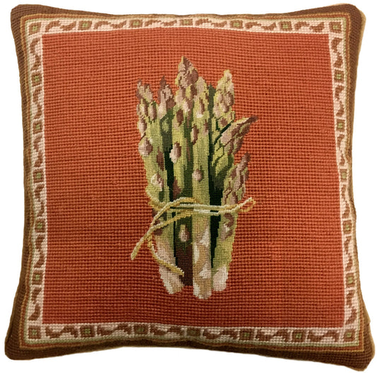 Needlepoint Hand-Embroidered Wool Throw Pillow Exquisite Home Designs asparagus