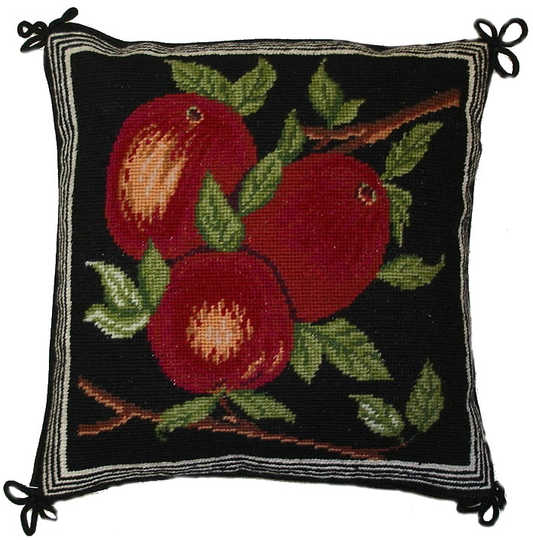 Needlepoint Hand-Embroidered Wool Throw Pillow Exquisite Home Designs red apples black background