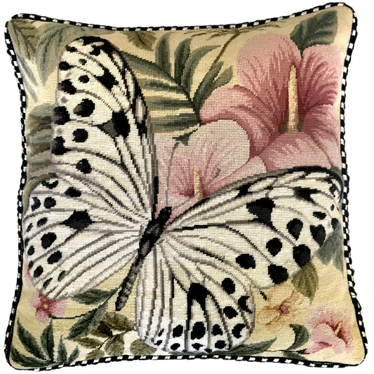 Needlepoint Hand-Embroidered Wool Throw Pillow Exquisite Home Designs  butterfly w/b dark dots & pink flower with cording