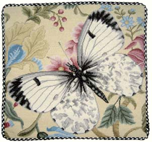 Needlepoint Hand-Embroidered Wool Throw Pillow Exquisite Home Designs  butterfly w/b soft dots pink flower with cording