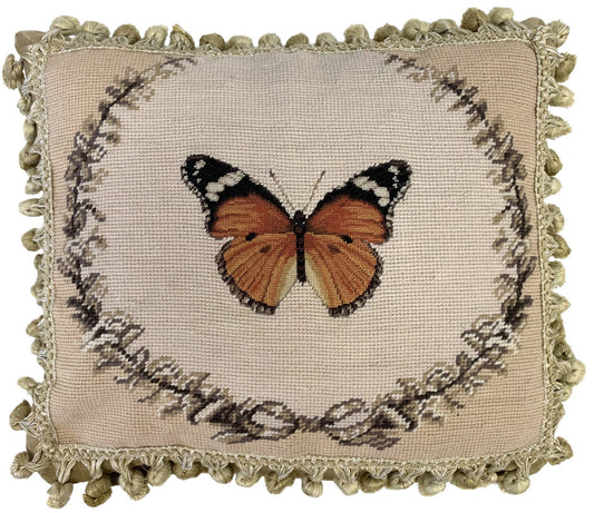 Needlepoint Hand-Embroidered Wool Throw Pillow Exquisite Home Designs orange butterfly with 2 color tassel