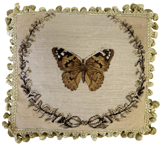 Needlepoint Hand-Embroidered Wool Throw Pillow Exquisite Home Designs brown butterfly with 2 color tassel