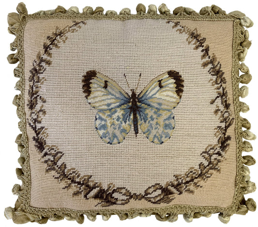 Needlepoint Hand-Embroidered Wool Throw Pillow Exquisite Home Designs blue butterfly with 2 color tassel