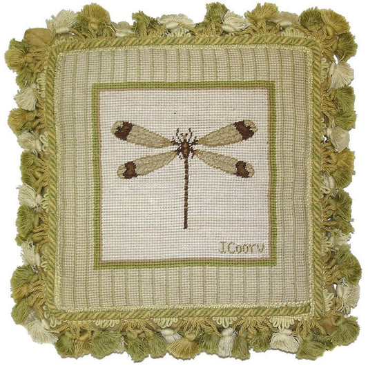 Needlepoint Hand-Embroidered Wool Throw Pillow Exquisite Home Designs Jan Cooleys Garden Dragonfly insect Dragonfly grosspoint background with tassels