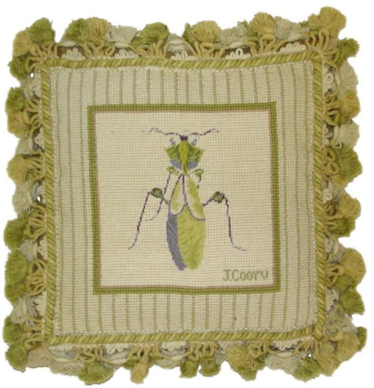 Needlepoint Hand-Embroidered Wool Throw Pillow Exquisite Home Designs grasshopper