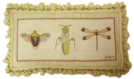 Needlepoint Hand-Embroidered Wool Throw Pillow Exquisite Home Designs Jan Cooleys Bug Collectin 2 insects Flyer, Grasshopper, Dragonfly grosspoint background with tassels