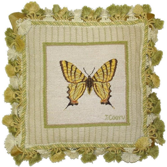 Needlepoint Hand-Embroidered Wool Throw Pillow Exquisite Home Designs Jan Cooleys Garden Swallowtail insect Butterfly grosspoint background with tassels