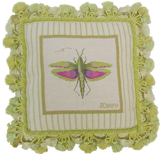 Needlepoint Hand-Embroidered Wool Throw Pillow Exquisite Home Designs Jan Cooleys Winged Grasshopper insect Grasshopper grosspoint background with tassels