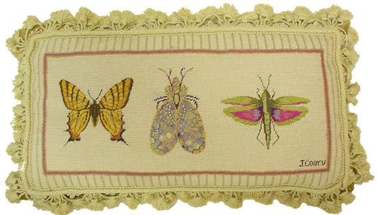 Needlepoint Hand-Embroidered Wool Throw Pillow Exquisite Home Designs Jan Cooleys Bug Collection 1 insects Butterfly, Flyer, Grasshopper grosspoint background with tassels