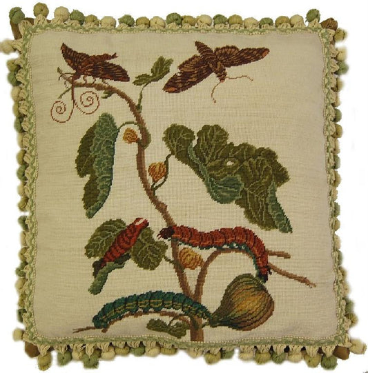 Needlepoint Hand-Embroidered Wool Throw Pillow Exquisite Home Designs  background, green/brown caterpillars with 3 color tassels
